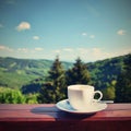 Morning cup of coffee with a beautiful mountain landscape background. Relaxation and recreation on vacation. Royalty Free Stock Photo