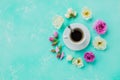 Morning Cup of coffee and a beautiful roses flowers on light background, top view. Cozy Breakfast. Flat lay style.Flat Royalty Free Stock Photo