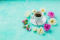 Morning Cup of coffee and a beautiful roses flowers on light background, top view. Cozy Breakfast. Flat lay style.Flat Royalty Free Stock Photo