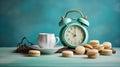 A morning cup of coffee, macaron cakes, and a nostalgic vintage alarm clock