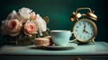 A morning cup of coffee, macaron cakes, and a nostalgic vintage alarm clock