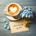 Morning cup of coffee on Valentine's Day with the inscription Good morning my love, a bouquet of forget-me-nots.