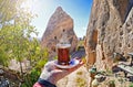 Morning cup of tea with Red valley and rocks background view Royalty Free Stock Photo