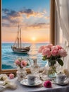 Romantic view from the window on morning dawn at the coast with sailing yacht