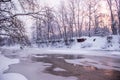 Morning dawn on the river. Pink sky. Winter landscape . Nature outside the city Royalty Free Stock Photo