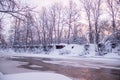 Morning dawn on the river. Pink sky. Winter landscape . Nature outside the city Royalty Free Stock Photo