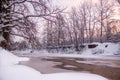 Morning dawn on the river. Pink sky. Winter landscape . Nature outside the city Royalty Free Stock Photo