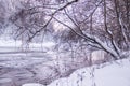 Morning dawn on the river. Pink sky. Winter landscape . Nature outside the city Royalty Free Stock Photo