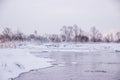 Morning dawn on the river. Pink sky. Winter landscape . Nature outside the city Royalty Free Stock Photo