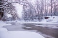 Morning dawn on the river. Pink sky. Winter landscape . Nature outside the city Royalty Free Stock Photo