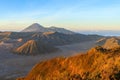 Morning dawn in volcano valley in East Java. Aerial view of volcano and mountains in caldera Bromo. Changing colors every minute Royalty Free Stock Photo