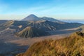 Morning dawn in volcano valley in East Java. Aerial view of volcano and mountains in caldera Bromo. Changing colors every minute Royalty Free Stock Photo