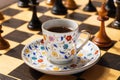 Morning with the day planning. Strategy concept with a cup of coffee and chessboard. Royalty Free Stock Photo