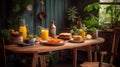 Morning Delight: A Beautifully Decorated Breakfast Spread on a Wooden Table