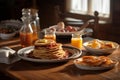 Morning Delight: Pancakes, Bacon, and Eggs on Wooden Table