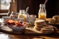 Morning Delight: Pancakes, Bacon, and Eggs on Wooden Table