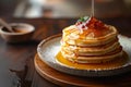 Morning delight Pancakes drizzled with honey on wooden surface