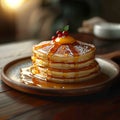 Morning delight Pancakes drizzled with honey on wooden surface