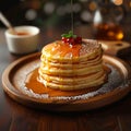 Morning delight Pancakes drizzled with honey on wooden surface