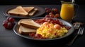 Morning Delight, Scrumptious Scrambled Eggs with Bacon, Toast, and a Fresh Fruit Medley. Generative AI