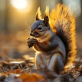 Morning Delight: Squirrel and Acorn Under Warm Sun Royalty Free Stock Photo