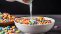 Morning Delight White cereal bowl filled with creamy milk cascading over a vibrant assortment of fresh fruits and colorful cereals