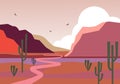 Morning desert landscape with mountain canyons illustration. Pink dunes with brown stones pink skies and thorny plants