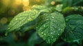 Morning Dew on Green Leaf: Macro Water Drops with Beautiful Texture and Natural Background in Sunlight Royalty Free Stock Photo