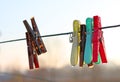 Multicolored hooks for laundry, sprinkled with morning dew Royalty Free Stock Photo