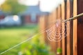 morning dew on a spider web between fence posts