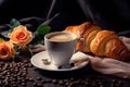 Morning Elegance: Croissant and Coffee Cup with Floral Table Setting in a Wide Banner with Copy Space Area. created with