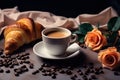 Morning Elegance: Croissant and Coffee Cup with Floral Table Setting in a Wide Banner with Copy Space Area. created with