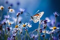 Beautiful wild flowers chamomile, purple wild peas, butterfly in morning haze in nature close-up Royalty Free Stock Photo