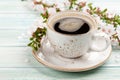 Morning espresso coffee cup and cherry blossom Royalty Free Stock Photo