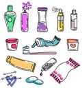 Set of bottles with cosmetics, color hand drawn vector illustration