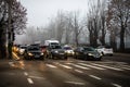 Morning and evening rush hour, stopped cars and heavy traffic on the main boulevard of Bucharest, Romania, 2020