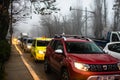 Morning and evening rush hour, stopped cars and heavy traffic on the main boulevard of Bucharest, Romania, 2020