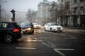 Morning and evening rush hour, stopped cars and heavy traffic on the main boulevard of Bucharest, Romania, 2020