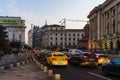 Morning and evening rush hour, stopped cars and heavy traffic on the main boulevard of Bucharest, Romania, 2020