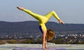 Morning exercise. leg muscles stretching workout for gymnastic split. Beautiful Woman With Sexy Fit Body. woman stand on