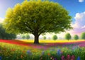 Bright fairy meadow, field of beautiful flowers and tree, fabulous atmospheric nature