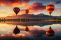 Morning float sunrise balloons reflected on tranquil waters, sunrise and sunset wallpaper Royalty Free Stock Photo