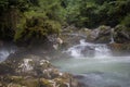 Morning fog above Mountain river in the middle of green forest, stones covered w Royalty Free Stock Photo