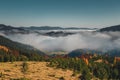 Morning fog in autumn Carpathian mountain valley Royalty Free Stock Photo