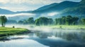 Ethereal Landscape: Green Trees On The River With Luminous Reflections