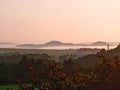 Morning fog in the distant landscape with hills