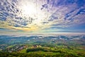 Morning fog in green hills aerial view Royalty Free Stock Photo