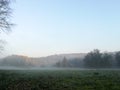 Morning fog on meadow with trees and hills with forest silhouettes Royalty Free Stock Photo