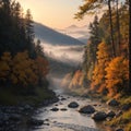 Morning fog among the mountains near the fast river Katun with trees and stones on the shore in the Altai in