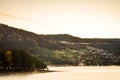 Morning fog in norwegian fjord and wood landscape Royalty Free Stock Photo